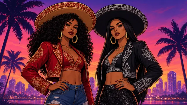 Real Dimez reimagined: rap duo Bae-Luxe and Roxy posing side by side in sombreros, one in a red jacket and denim, one in a black sequined outfit, under a neon sunset.