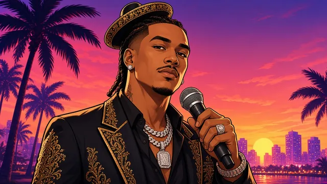 Dre'Quan Priest reimagined: young man in a small embroidered sombrero, black-and-gold jacket and diamond chains, holding a microphone in front of a sunset skyline.
