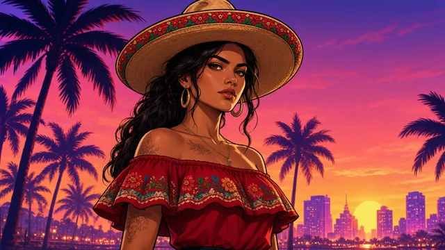 Lucia Caminos reimagined: woman with long dark curls in an embroidered sombrero and red off-shoulder ruffled top, palm trees and a neon pink-purple sunset skyline behind her.